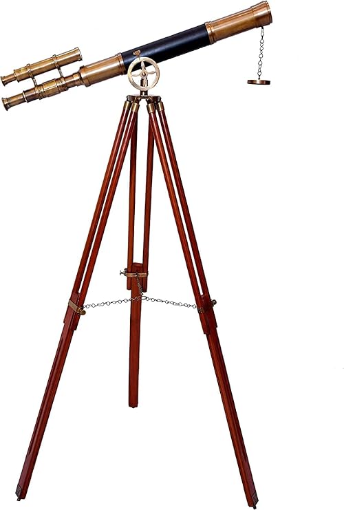 Nautical Marine Designer Brass Telescope Antique Finish Double Barrel Black Leather Coverd Wooden Brown Tripod Floor Standing Royal Handmade Telescope