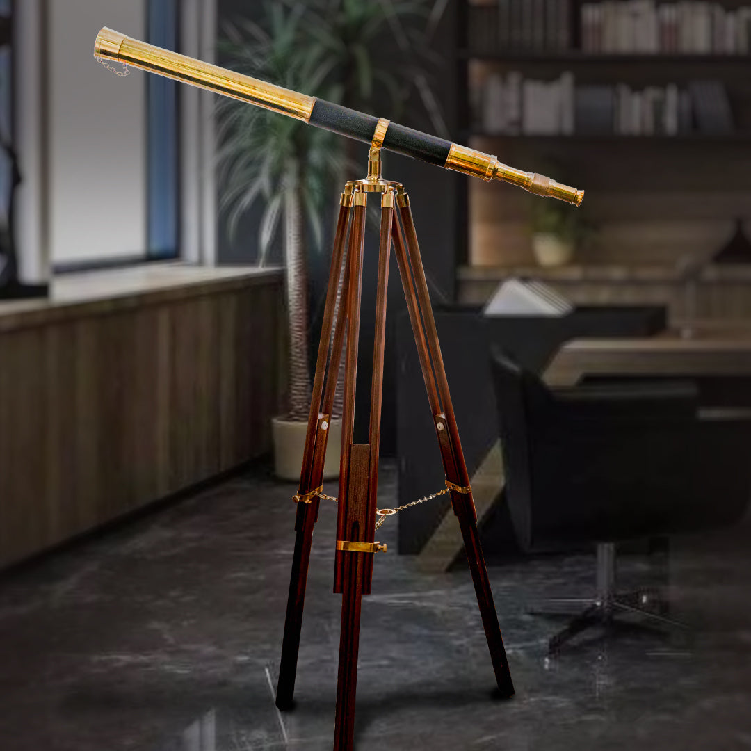Nautical Marine Designer Brass Telescope Antique Finish Double Barrel Black Leather Coverd Wooden Brown Tripod Floor Standing Royal Handmade Telescope