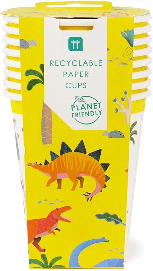 Talking Tables Pack of 8 (250ml/9oz) Dinosaur Paper Party Cups | Zero Plastic, Home Recyclable & Biodegradable Paper Cups