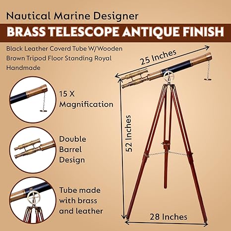 Nautical Marine Designer Brass Telescope Antique Finish Double Barrel Black Leather Coverd Wooden Brown Tripod Floor Standing Royal Handmade Telescope
