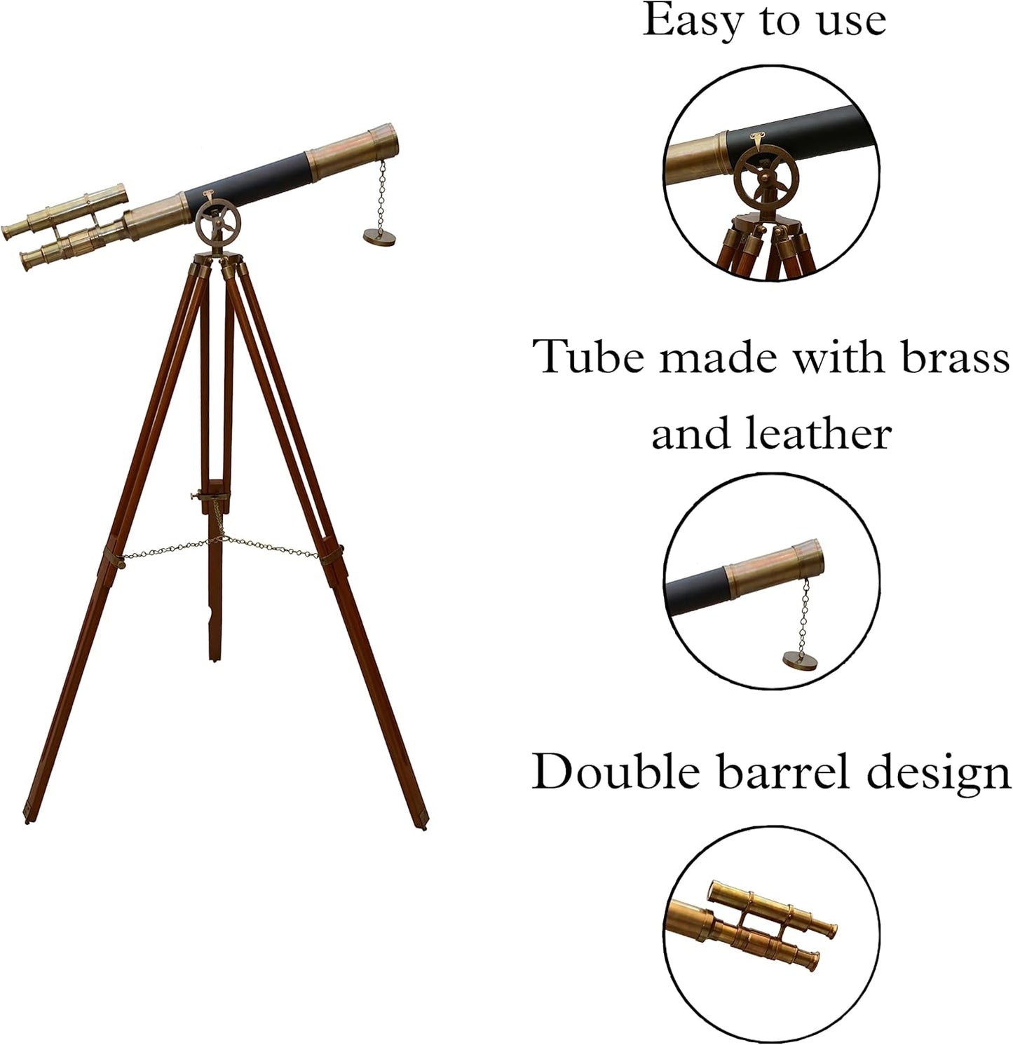 Nautical Marine Designer Brass Telescope Antique Finish Double Barrel Black Leather Coverd Wooden Brown Tripod Floor Standing Royal Handmade Telescope