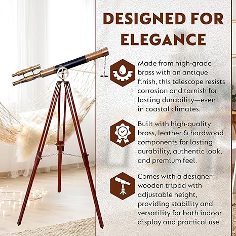 Nautical Marine Designer Brass Telescope Antique Finish Double Barrel Black Leather Coverd Wooden Brown Tripod Floor Standing Royal Handmade Telescope