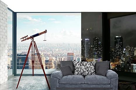 Nautical Marine Designer Brass Telescope Antique Finish Double Barrel Black Leather Coverd Wooden Brown Tripod Floor Standing Royal Handmade Telescope